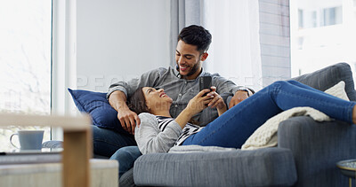 Buy stock photo Smile, couple and rest with phone at house for browsing social media, online shopping and bonding. People, mobile and website for ecommerce, banking app and partner decision for sign up subscription
