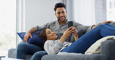 Buy stock photo Happy, couple and rest with phone at house for browsing social media, online shopping and bonding. People, mobile and website for ecommerce, banking app and partner decision for sign up subscription