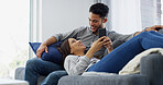 Smile, couple and relax with phone at house for browsing social media, online shopping and bonding. People, mobile and website for ecommerce, banking app and partner decision for sign up subscription