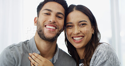 Buy stock photo Bonding, portrait and couple with smile, home and romance in living room for man and woman in apartment. Lounge, people and happy for commitment in marriage, embrace and care for partner in new house