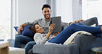 Smile, couple and relax on tablet at house for browsing social media, online shopping and bonding. People, digital and website for ecommerce, banking app and partner decision for sign up subscription