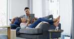 Home, credit card and couple with tablet, payment and relax with ecommerce, transactions and taxes. Connection, man and woman on sofa, online banking and fintech with mortgage, funny and savings