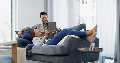 Buy stock photo Home, credit card and couple with tablet, payment and relax with ecommerce, transactions and taxes. Connection, man and woman on sofa, online banking and fintech with mortgage, funny and savings