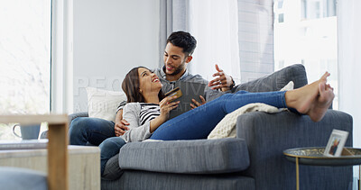 Buy stock photo Home, credit card and couple with tablet, transactions and relax with ecommerce, mortgage and payment. Apartment, man and woman with online banking, rent and fintech with investment and income growth