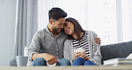 Happy, laughing and couple with coffee on sofa for conversation, bonding and relax together. Home, dating and man hug woman with drink for relationship, affection and embrace for love in living room