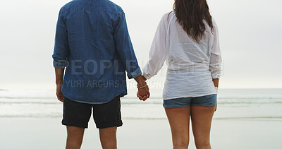 Buy stock photo Back, holding hands and love with couple on beach for date, summer vacation and support. Relax, adventure and travel holiday with man and woman outdoors for romantic trip, bonding and trust together
