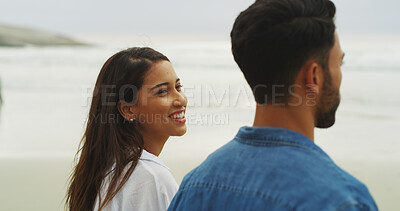 Buy stock photo Couple, beach and love on vacation with honeymoon, holiday or bonding outdoor in nature. Happy woman, man and relationship by sea for memory, romantic date and relax with security in commitment 