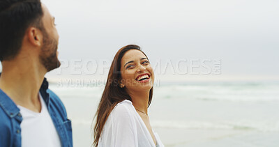 Buy stock photo Date, laughing and love with couple on beach for support, summer vacation and space. Happiness, adventure and travel holiday with man and woman outdoors for romantic trip, bonding and trust together