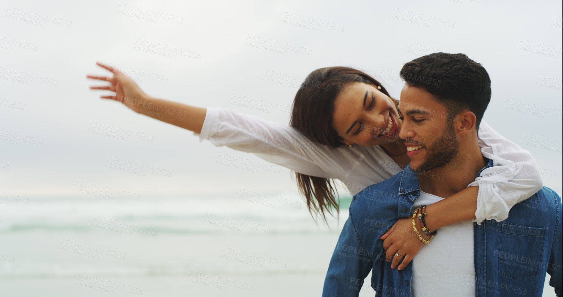 Buy stock photo Smile, piggyback and love with couple on beach for support, summer vacation and date. Happiness, adventure and travel holiday with man and woman outdoors for romantic trip, bonding and trust