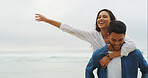 Beach, happy couple and piggyback with laugh, love and holiday for honeymoon bonding. Woman, man and relationship outdoor for funny joke, romantic date and freedom with playful partner on space
