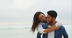 Date, piggyback and love with couple on beach for support, summer vacation and space. Happiness, adventure and travel holiday with man and woman outdoors for romantic trip, bonding and trust