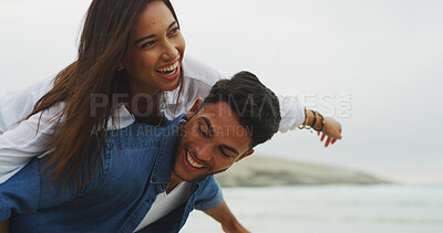 Buy stock photo Couple, flying and laugh on beach for love, energy and bonding fun together with connection and anniversary travel. Playful, happiness and people piggyback on ocean vacation with freedom and care