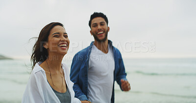 Buy stock photo Beach, couple and laughing with joke on vacation, holiday and bonding together on honeymoon. Ocean, man and woman in relationship for love embrace, walking and travel adventure in Florida by space