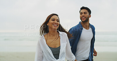 Buy stock photo Beach, couple and smile with holding hands on vacation, holiday and bonding together on honeymoon. Ocean, man and woman with laugh for love embrace, walking and travel adventure in Florida by space