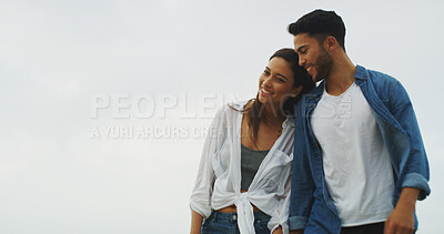 Buy stock photo Walking, holding hands and love with couple on beach for space, summer vacation and smile. Happiness, adventure and travel holiday with man and woman outdoors for romantic trip, bonding and trust