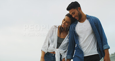 Buy stock photo Outdoor, couple and walking together on honeymoon, holiday or bonding journey. Woman, man and relationship in nature for memory, romantic date and leaning with love and happy stroll by sky space