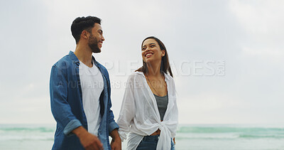 Buy stock photo Laughing, holding hands and love with couple on beach for space, summer vacation and smile. Happiness, adventure and travel holiday with man and woman outdoors for romantic trip, bonding and trust