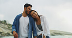 Smile, bonding and love with couple on beach for support summer vacation and date. Happiness, adventure and travel holiday with man and woman outdoors for romantic trip, care and trust together