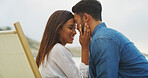 Love, beach and couple with forehead touch on vacation for honeymoon, holiday or bonding outdoor. Woman, man and relationship by sea for romantic date, trust and care with connection in nature