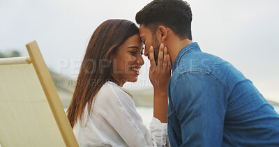 Buy stock photo Love, beach and couple with forehead touch on vacation for honeymoon, holiday or bonding outdoor. Woman, man and relationship by sea for romantic date, trust and care with connection in nature