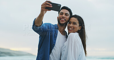 Buy stock photo Couple, beach and smile for selfie with love on honeymoon, holiday or bonding outdoor. Woman, man and together by sea for memory, date and space with connection for social media profile picture