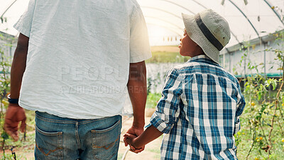 Buy stock photo Family, child and holding hands with parent, greenhouse and walking with son in nature or agriculture. Sustainable, farmer and bonding with boy in garden, people and entrepreneur with kid for farming