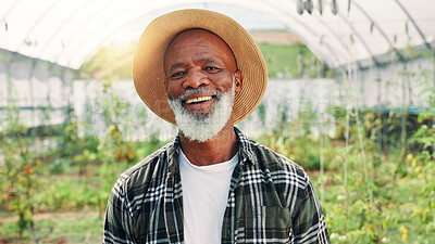 Buy stock photo Farm, greenhouse and portrait of mature man with plants for growth, sustainability and harvesting. Agriculture, nature and African farmer with agro business for healthy crops, vegetables and produce