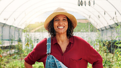 Buy stock photo Happy, greenhouse and portrait of woman on farm with plants for growth, sustainability and harvesting. Agriculture, nature and farmer with agro business for healthy crops, vegetables and produce