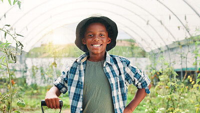 Buy stock photo Farmer, smile and portrait with black child in greenhouse for agriculture, vegetables and growth. Sustainability, food production and plant with boy on farm for countryside, eco friendly and harvest