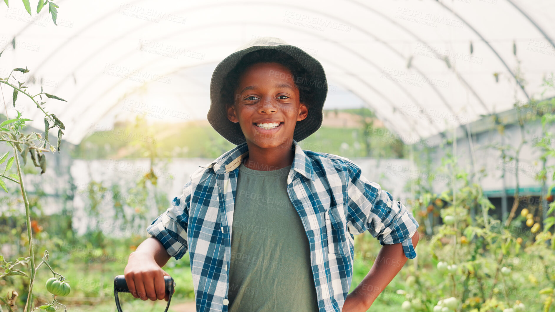 Buy stock photo Farmer, smile and portrait with black child in greenhouse for agriculture, vegetables and growth. Sustainability, food production and plant with boy on farm for countryside, eco friendly and harvest