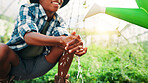 Bacteria, washing hands and watering can with people on farm for cleaning, hydration or hygiene. Agribusiness, agriculture and environment with farmers outdoor in green countryside for sustainability