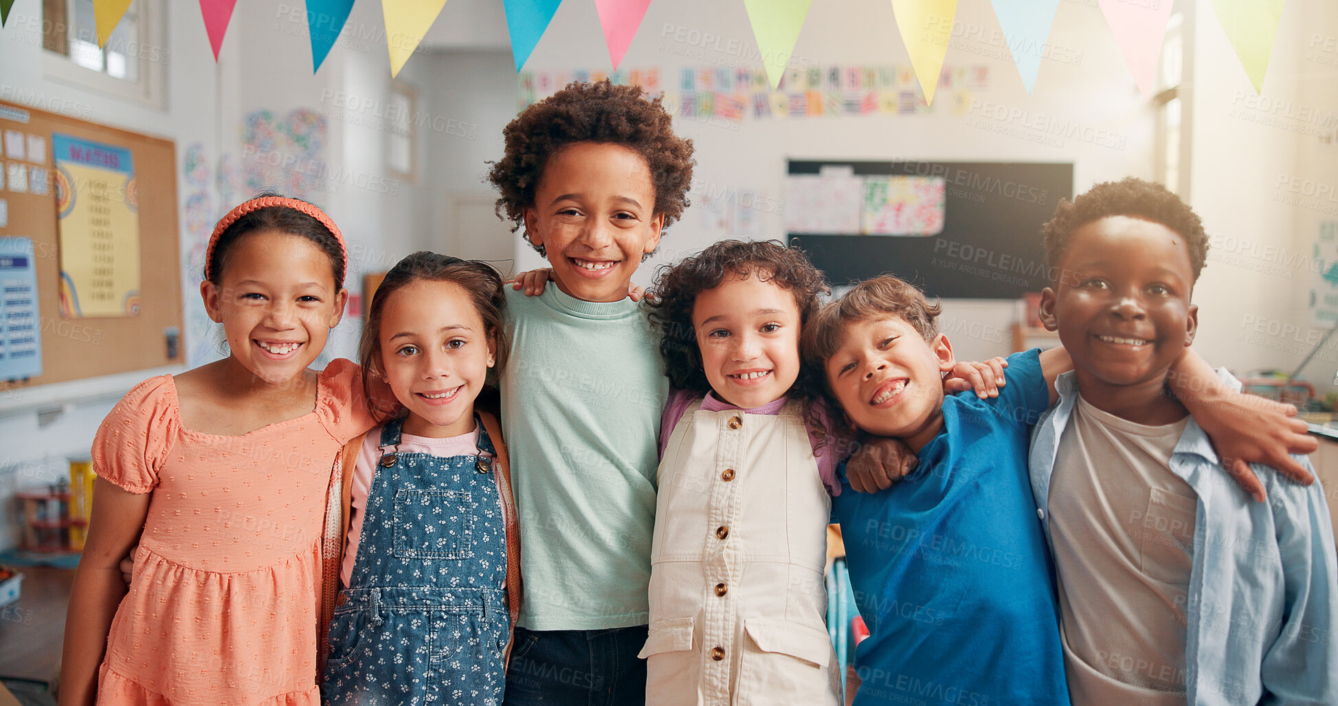 Buy stock photo Portrait, education and hug with students in classroom for child development, future and learning. Academy, growth and scholarship with group of kids in school for knowledge, lesson and study