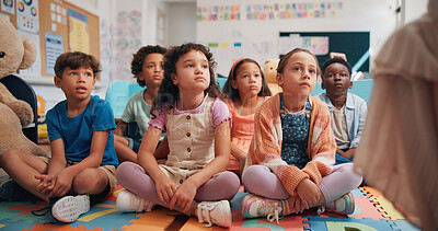 Buy stock photo Lesson, education and youth with kids in classroom for child development, future and learning. Academy, growth and scholarship with group of students in school for knowledge, floor and study