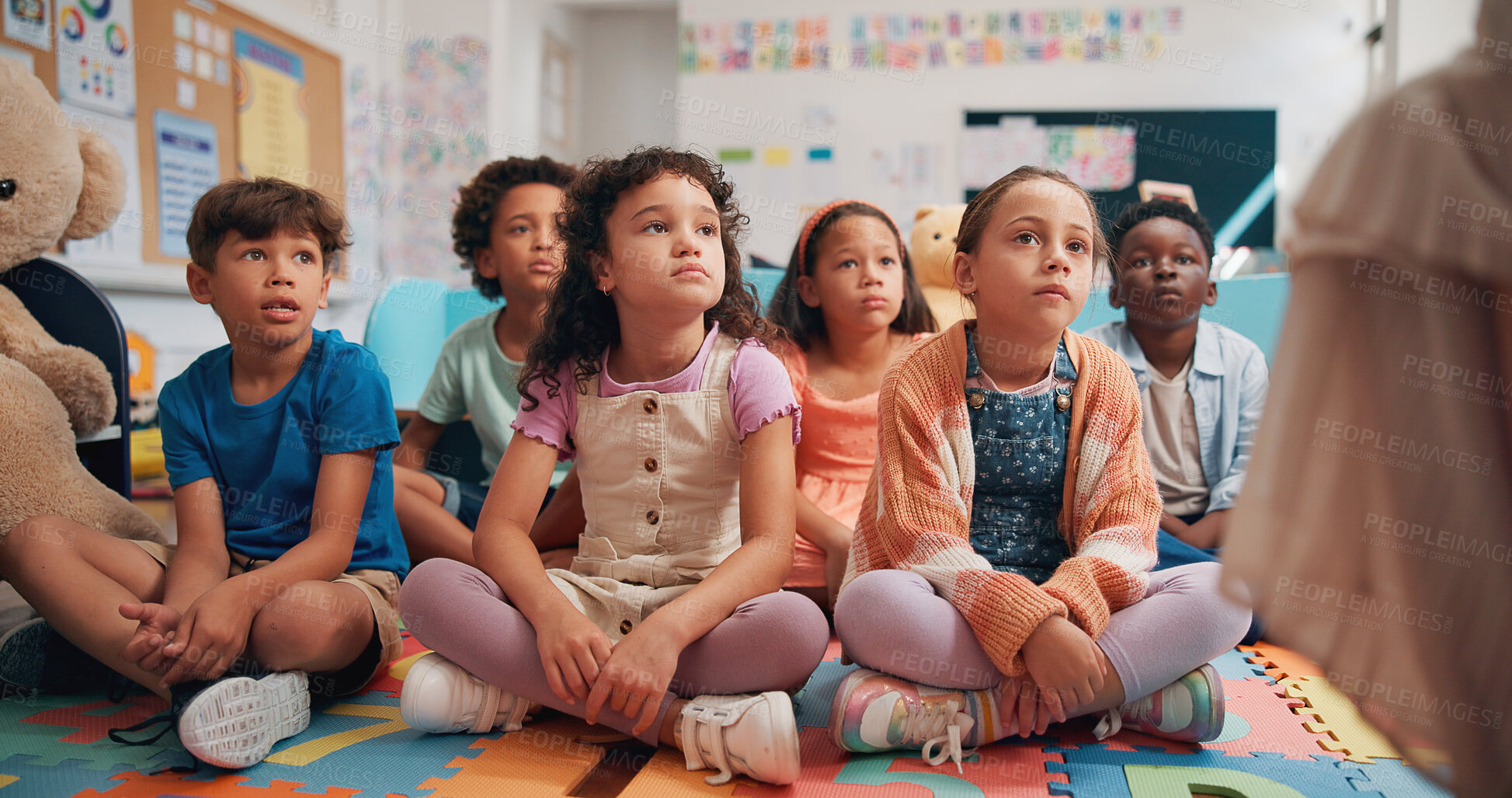 Buy stock photo Lesson, education and youth with kids in classroom for child development, future and learning. Academy, growth and scholarship with group of students in school for knowledge, floor and study