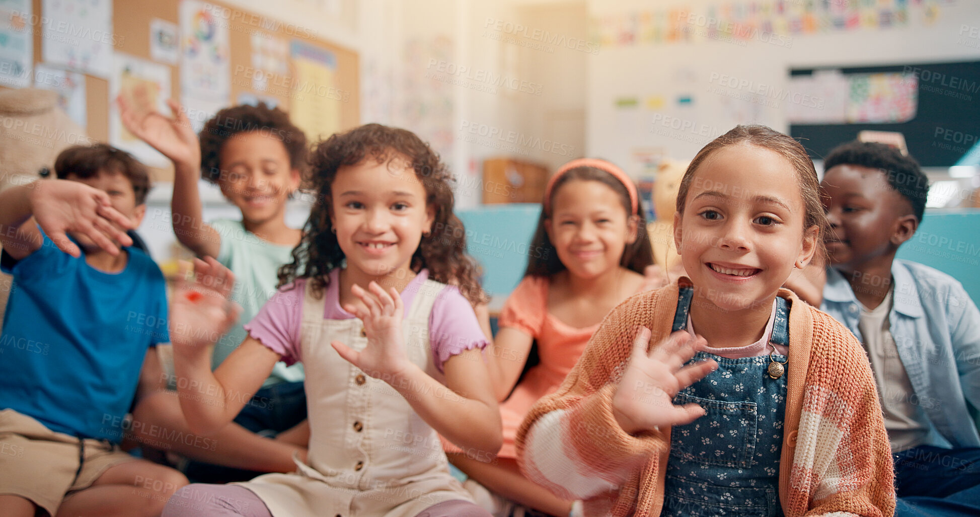 Buy stock photo Waving, happy and portrait of children in classroom for language development, learning or growth. Smile, kids and cute students greeting for morning lesson with education at elementary school.