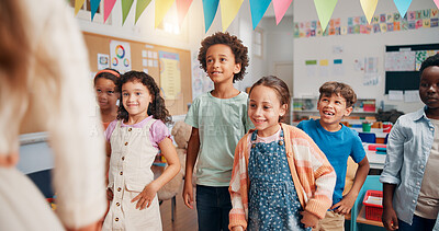 Buy stock photo Teacher, education and lesson with students in classroom for child development, future and learning. Academy, growth and scholarship with group of kids in school for knowledge, youth and study