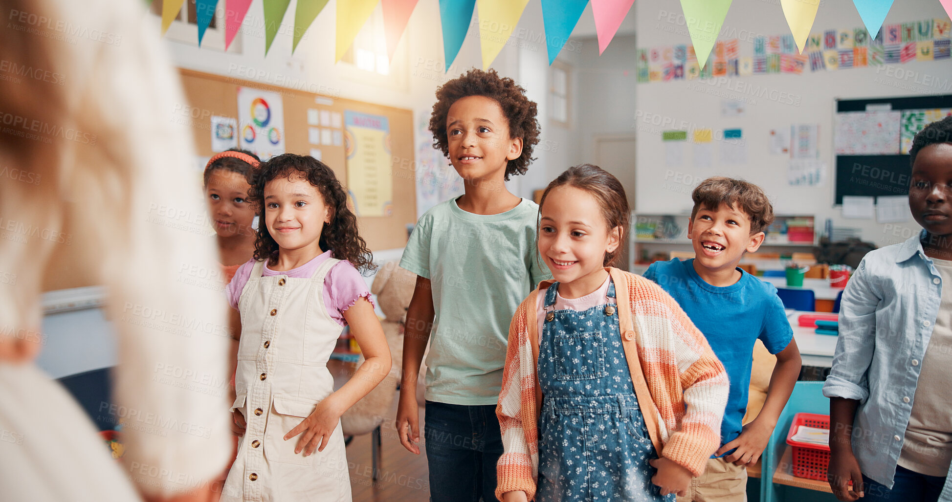 Buy stock photo Teacher, education and lesson with students in classroom for child development, future and learning. Academy, growth and scholarship with group of kids in school for knowledge, youth and study