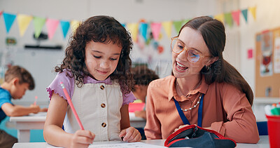 Buy stock photo Education, girl or teacher with help, learning or fine motor skills with literacy knowledge. Child development, woman or student in classroom, creativity or advice with assessment, writing or support