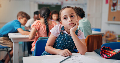 Buy stock photo Bored, thinking and student with girl in classroom for education, learning disorder and future. Problem solving, mental health and reflection with child with adhd in school for studying and idea