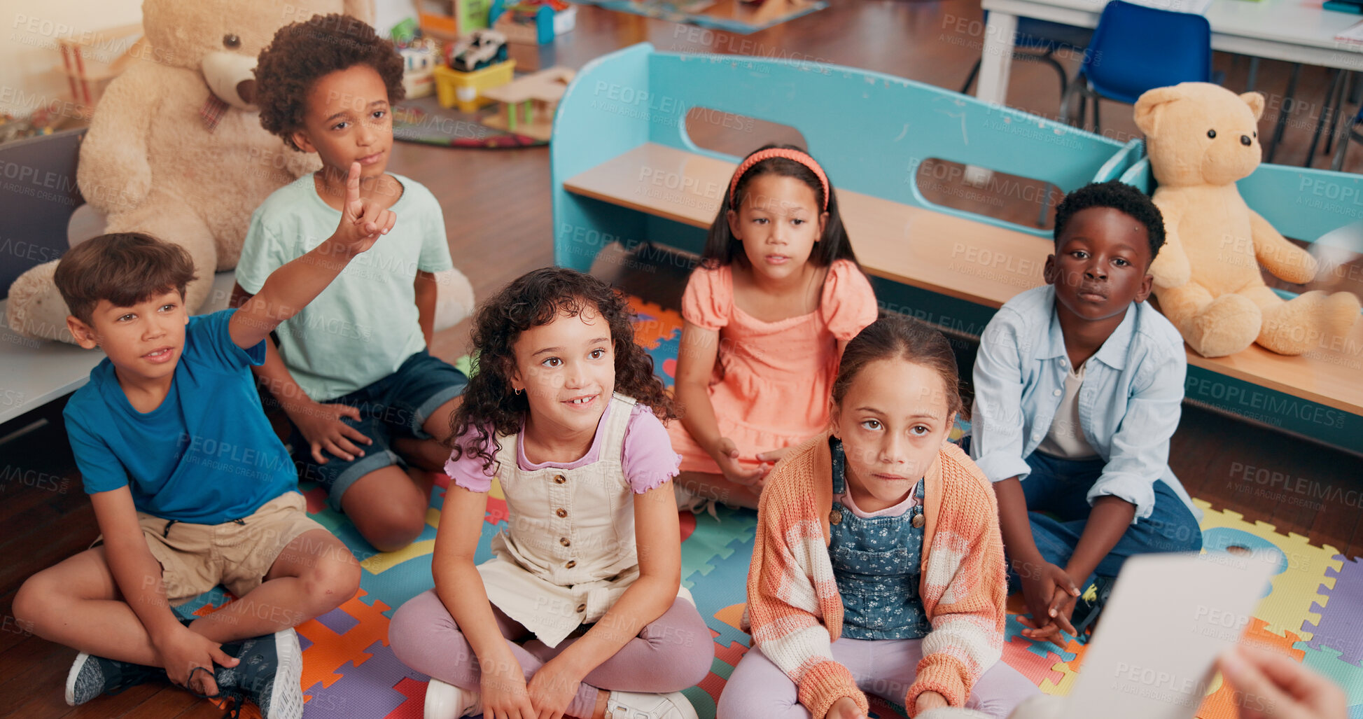 Buy stock photo School, classroom and children with question for teacher for reading lesson, education and learning language. Youth, students and kids on floor with educator for story time, development and knowledge