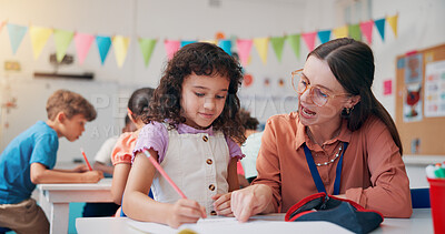 Buy stock photo Education, girl or teacher with help, support or assisted learning with literacy knowledge. Child development, woman or students in school, advice or conversation with assessment, questions or growth