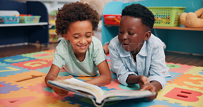 Buy stock photo Reading book, friends and boys in classroom, education and literacy knowledge with smile. Child development, fantasy storytelling or learning with students, vocabulary growth and kids with happiness