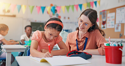 Buy stock photo Education, girl and teacher with help, writing and child development with literacy knowledge. Support, woman or students in school, assisted learning or advice with assessment and growth in classroom