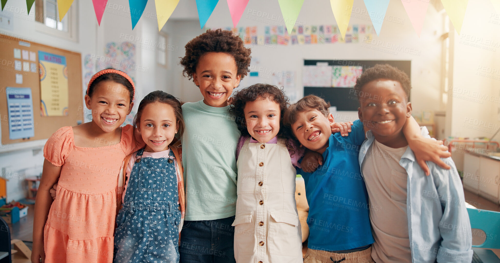 Buy stock photo Portrait, education and diversity with students in classroom for child development, future and learning. Academy, growth and scholarship with group of kids in school for knowledge, lesson and study