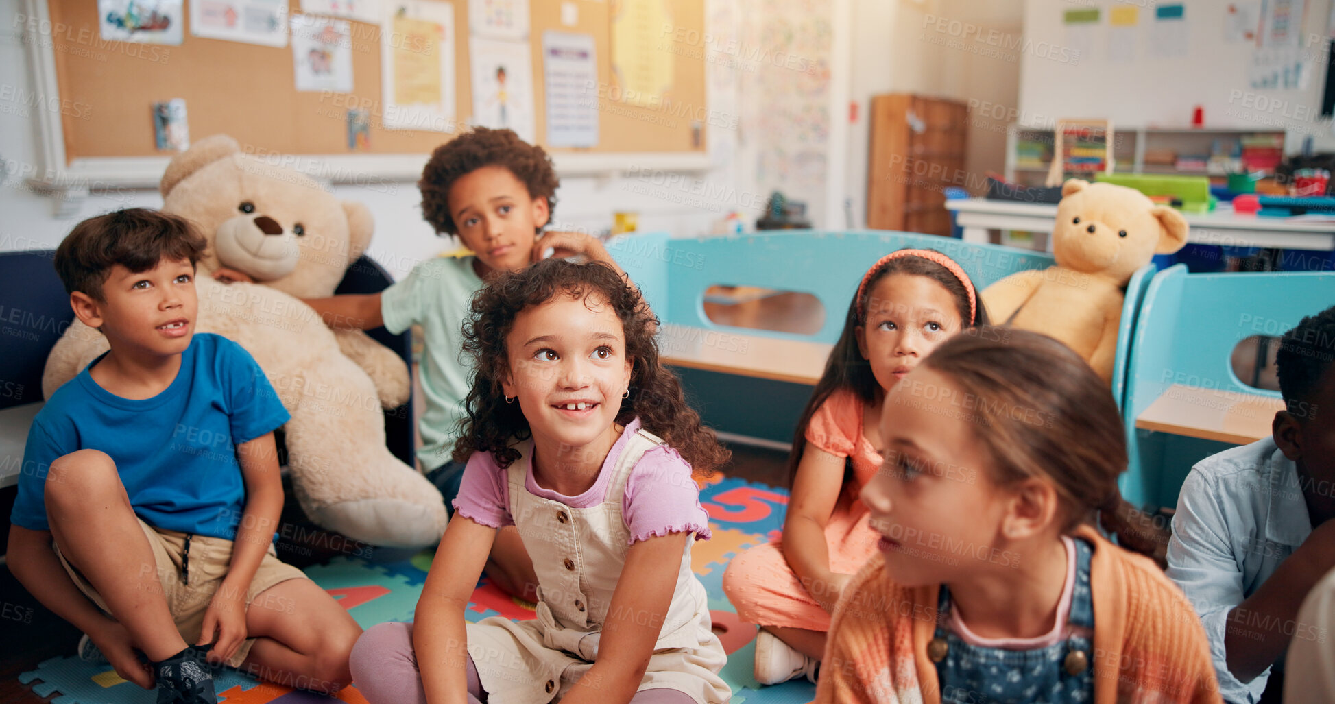 Buy stock photo School, class and kids on floor with teacher for reading lesson, education and learning. Montessori, students and happy children with educator for storytelling, language development and knowledge