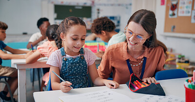 Buy stock photo Education, girl and teacher in classroom, help and support with literacy knowledge. Child development, woman and students in school, assisted learning and fine motor skills with assessment and growth