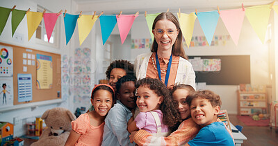 Buy stock photo Happy, portrait and kids hugging teacher in classroom for bonding, learning and thank you. Love, children or students embracing woman educator for greeting in morning for lesson at elementary school.