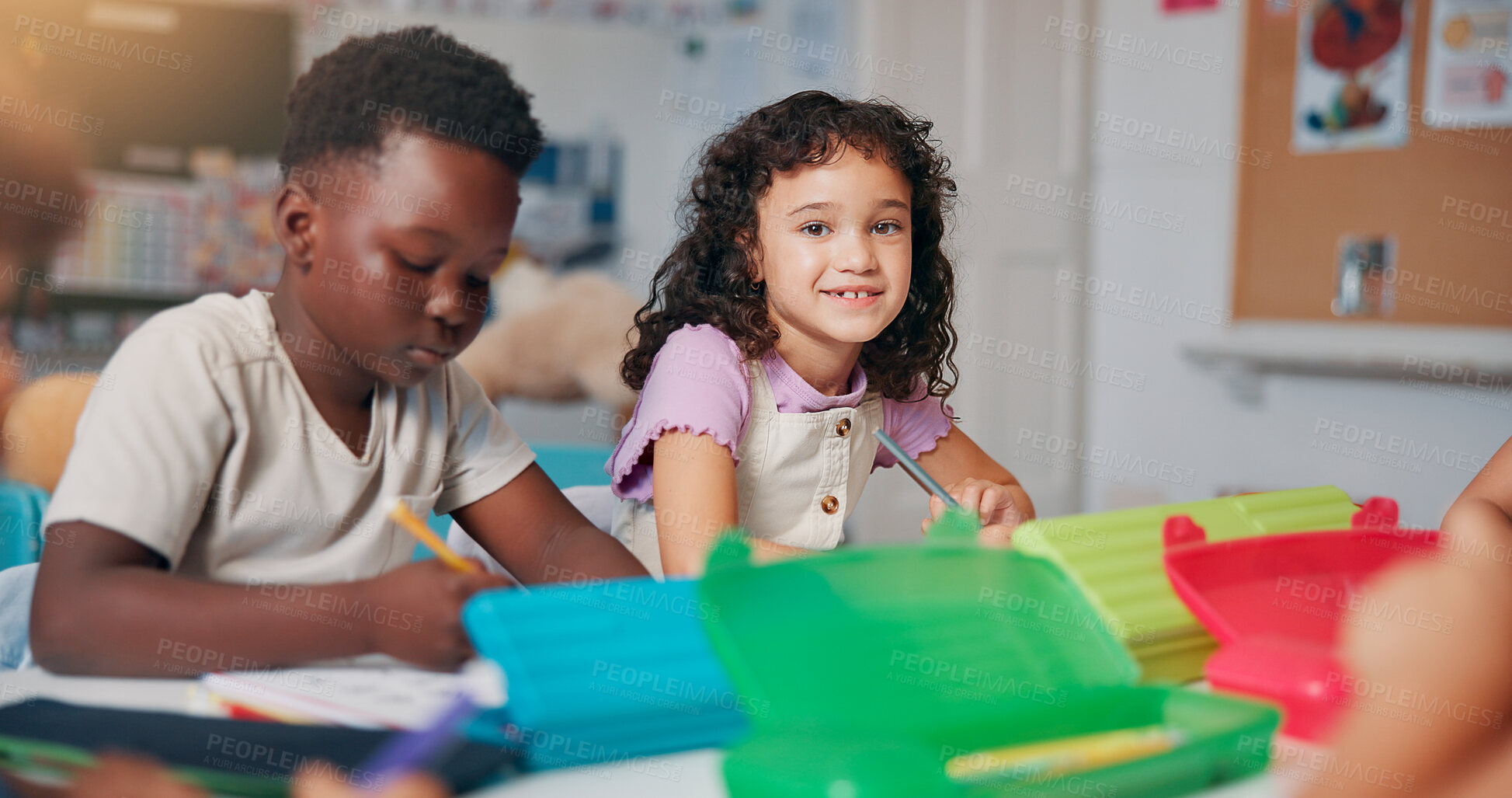 Buy stock photo Girl, portrait and children in classroom, writing or happy for project, education and development. Elementary school kids, smile and together for learning, course or scholarship with books at academy