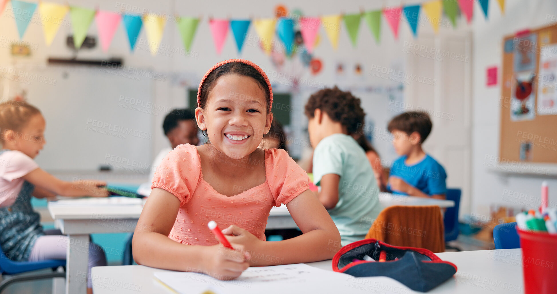 Buy stock photo Writing, student and portrait with girl in classroom for education, future and youth. Scholarship, academy and growth with kid and notebook in school for child development, knowledge and learning