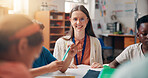 Education, knowledge or study with students and teacher in classroom of school for child development. Growth, learning or teaching with smile of woman and kids in lesson for academics or course